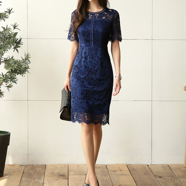 Waist Slimming Temperament Lady Mid-length Lace Dress 111
