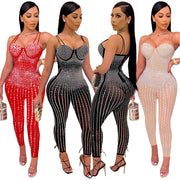 Sexy Mesh See-through Rhinestone Sleeveless Suspender Jumpsuit For Women