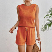 Solid Color Sleeveless Round Neck Vest Shorts Set