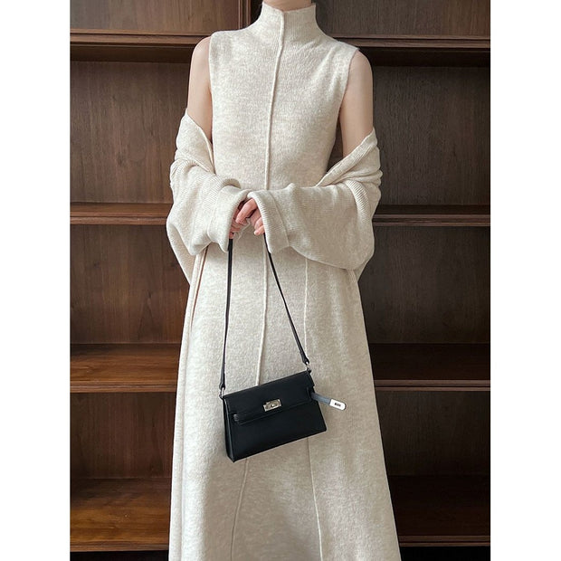 Women's Long Warm Sleeveless Turtleneck Dress Two-piece Set